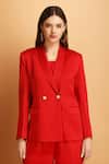 Shop_LABEL IVISH_Red Satin Plain Lapel Collar Blazer Trouser Set _Online_at_Aza_Fashions