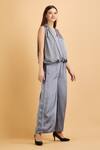 Buy_LABEL IVISH_Grey Satin Plain V Neck Wrap Top With Flared Trouser _Online_at_Aza_Fashions