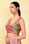 Nazaakat by Samara Singh_Multi Color Silk Woven Bloom Zari V Neck Blouse_Online_at_Aza_Fashions