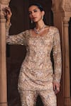 DiyaRajvvir_Gold Tulle Embroidery Sequins Square Neck And Crystal Kurta With Bell Bottom Pant _Online_at_Aza_Fashions