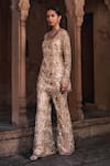 Buy_DiyaRajvvir_Gold Tulle Embroidery Sequins Square Neck And Crystal Kurta With Bell Bottom Pant _Online_at_Aza_Fashions