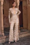 Buy_DiyaRajvvir_Beige Tulle Embellished Sequins Round Neck And Crystal Jumpsuit _at_Aza_Fashions