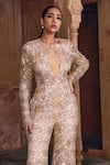 DiyaRajvvir_Beige Tulle Embellished Sequins Round Neck And Crystal Jumpsuit _Online_at_Aza_Fashions