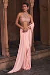 Buy_DiyaRajvvir_Peach Tulle Embroidery Sequins Halter Neck Pre-draped Skirt Saree With Blouse _at_Aza_Fashions