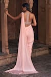 Shop_DiyaRajvvir_Peach Tulle Embroidery Sequins Halter Neck Pre-draped Skirt Saree With Blouse _at_Aza_Fashions