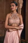 DiyaRajvvir_Peach Tulle Embroidery Sequins Halter Neck Pre-draped Skirt Saree With Blouse _Online_at_Aza_Fashions