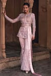 Buy_DiyaRajvvir_Pink Tulle Embroidery Sequins Round Neck Floral Jacket Bell Bottom Pant Set _at_Aza_Fashions