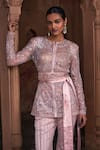 DiyaRajvvir_Pink Tulle Embroidery Sequins Round Neck Floral Jacket Bell Bottom Pant Set _Online_at_Aza_Fashions