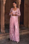 Buy_DiyaRajvvir_Pink Tulle Embroidery Sequins Jacket Open Neck Trellis Bell Bottom Pant Set _at_Aza_Fashions