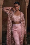 DiyaRajvvir_Pink Tulle Embroidery Sequins Jacket Open Neck Trellis Bell Bottom Pant Set _Online_at_Aza_Fashions