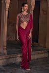 Buy_DiyaRajvvir_Maroon Tulle Embroidery Sequins Round Pre-draped Saree With Geometric Blouse _at_Aza_Fashions