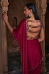 Shop_DiyaRajvvir_Maroon Tulle Embroidery Sequins Round Pre-draped Saree With Geometric Blouse _at_Aza_Fashions