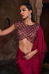 DiyaRajvvir_Maroon Tulle Embroidery Sequins Round Pre-draped Saree With Geometric Blouse _Online_at_Aza_Fashions