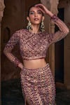 Buy_DiyaRajvvir_Maroon Tulle Embroidery Sequins Round Neck Geometric Blouse With Skirt _Online_at_Aza_Fashions