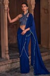 Buy_DiyaRajvvir_Blue Tulle Embroidery Sequins Halter Neck Pre-draped Skirt Saree With Blouse _at_Aza_Fashions