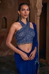 DiyaRajvvir_Blue Tulle Embroidery Sequins Halter Neck Pre-draped Skirt Saree With Blouse _Online_at_Aza_Fashions