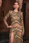 DiyaRajvvir_Gold Tulle Embroidery Sequins Jewel Neck Geometric Gown _Online_at_Aza_Fashions