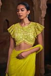 Buy_DiyaRajvvir_Yellow Tulle Embroidery Sequins Floral Jaal Blouse With Pre-draped Skirt Saree _Online_at_Aza_Fashions