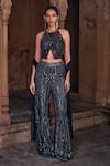 Buy_DiyaRajvvir_Black Tulle Embroidery Sequins Halter Neck Waist Coat Top And Bell Bottom Pant Set _at_Aza_Fashions