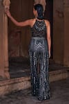 Shop_DiyaRajvvir_Black Tulle Embroidery Sequins Halter Neck Waist Coat Top And Bell Bottom Pant Set _at_Aza_Fashions