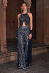 DiyaRajvvir_Black Tulle Embroidery Sequins Halter Neck Waist Coat Top And Bell Bottom Pant Set _Online_at_Aza_Fashions