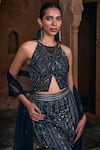 Buy_DiyaRajvvir_Black Tulle Embroidery Sequins Halter Neck Waist Coat Top And Bell Bottom Pant Set _Online_at_Aza_Fashions