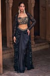 DiyaRajvvir_Black Tulle Embroidery Sequins Jacket Open Neck Chevron Dhoti Skirt Set_Online_at_Aza_Fashions