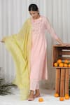 Beige_Pink Kurta Pure Mul Chanderi Embroidered Floral Yoke Pant Set _Online_at_Aza_Fashions