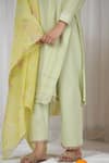 Shop_Beige_Green Kurta Pure Mul Chanderi Embroidered Floral Stitched Pattern Pant Set _Online_at_Aza_Fashions