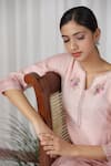 Shop_Beige_Pink Kurta Pure Mul Chanderi Embroidered Floral Notched Neck Pant Set _Online_at_Aza_Fashions