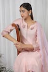 Beige_Pink Kurta Pure Mul Chanderi Embroidered Floral Notched Neck And Pant Set _Online_at_Aza_Fashions