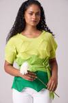 Scarlet Sage_Green 100% Polyester Plain Round Gia Colorblock Pleated Top With Belt _at_Aza_Fashions