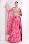 OMAL SINDWANI_Pink Satin Georgette Printed Marble Sweetheart Cape Lehenga Set _Online_at_Aza_Fashions