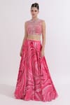 Buy_OMAL SINDWANI_Pink Satin Georgette Hand Embroidery Marble High Neck Print Lehenga With Blouse _at_Aza_Fashions