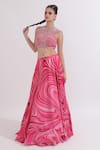 Buy_OMAL SINDWANI_Pink Satin Georgette Hand Embroidery Marble High Neck Print Lehenga With Blouse 