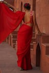Monk & Mei_Red Satin Georgette Ruhee Pre-draped Saree With Bloom Brocade Blouse _Online_at_Aza_Fashions