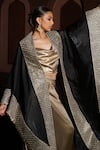 Shop_Monk & Mei_Black Organza Woven Cowl Safa Sequin Floret Jaal Embroidered Cape Sharara Set _at_Aza_Fashions