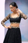 Silky Bindra x AZA_Black Soft Net Embroidered Beads Square Esra Cloud Patch Lehenga Set_at_Aza_Fashions