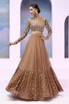 Buy_Silky Bindra x AZA_Brown Soft Net Embroidered Sequins Round Aurelia Blouse Tiered Lehenga Set_Online
