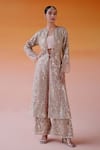 Buy_Twenty Nine_Pink Net Embroidered Mirror Plunged Notched Long Jacket _at_Aza_Fashions