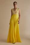 Buy_Keith Gomes_Yellow Georgette Embellished Glass Bead Blunt V Neck Jumpsuit _at_Aza_Fashions