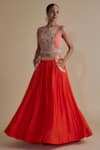 Buy_Keith Gomes_Orange Chiffon Crepe Embroidery Bead Round Floral Blouse And Skirt Set _at_Aza_Fashions