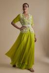 Buy_Keith Gomes_Green Silk Organza Embroidery Bead Scallop Mirror Work Peplum Top And Palazzo Set _at_Aza_Fashions