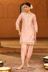 Buy_Sheetal Batra_Pink Kurta Silk Chanderi Embroidery Ernika Yoke With Dhoti Pant _at_Aza_Fashions