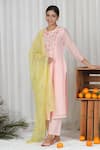 Buy_Beige_Pink Kurta Pure Mul Chanderi Embroidered Floral Round Yoke And Pant Set _at_Aza_Fashions