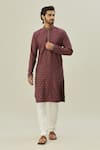 Buy_Arihant Rai Sinha_Maroon Jacquard Art Soft Silk Woven Checkered Pattern Kurta _at_Aza_Fashions