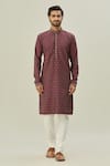 Arihant Rai Sinha_Maroon Jacquard Art Soft Silk Woven Checkered Pattern Kurta _Online_at_Aza_Fashions