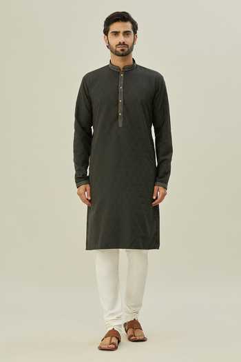 Arihant Rai Sinha_Black Jacquard, Chanderi Embroidery Triangle Woven Kurta Set _Online_at_Aza_Fashions