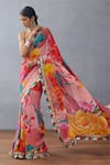 Buy_Torani_Pink Organza Printed Floral Dil Rang Nalini Fringed Tasseled Saree  _Online_at_Aza_Fashions