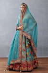 Torani_Blue Jeni Silk Printed Checkered Sweetheart Neck Dil Nawaz Zarqa Lehenga Set _at_Aza_Fashions